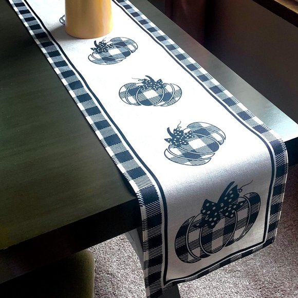 Farmhouse Rustic Autumn Fall Black Buffalo Check Plaid 72" Linen Table Runner - Picture 1 of 4